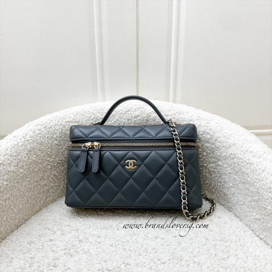 Chanel Vanity / Clutch with Chain (LP Style Bag) in 25B Grey Lambskin and LGHW (Model: AP4385)