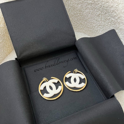 Chanel 24S Large CC Logo Hoop Clip-on Earrings with White Enamel in GHW