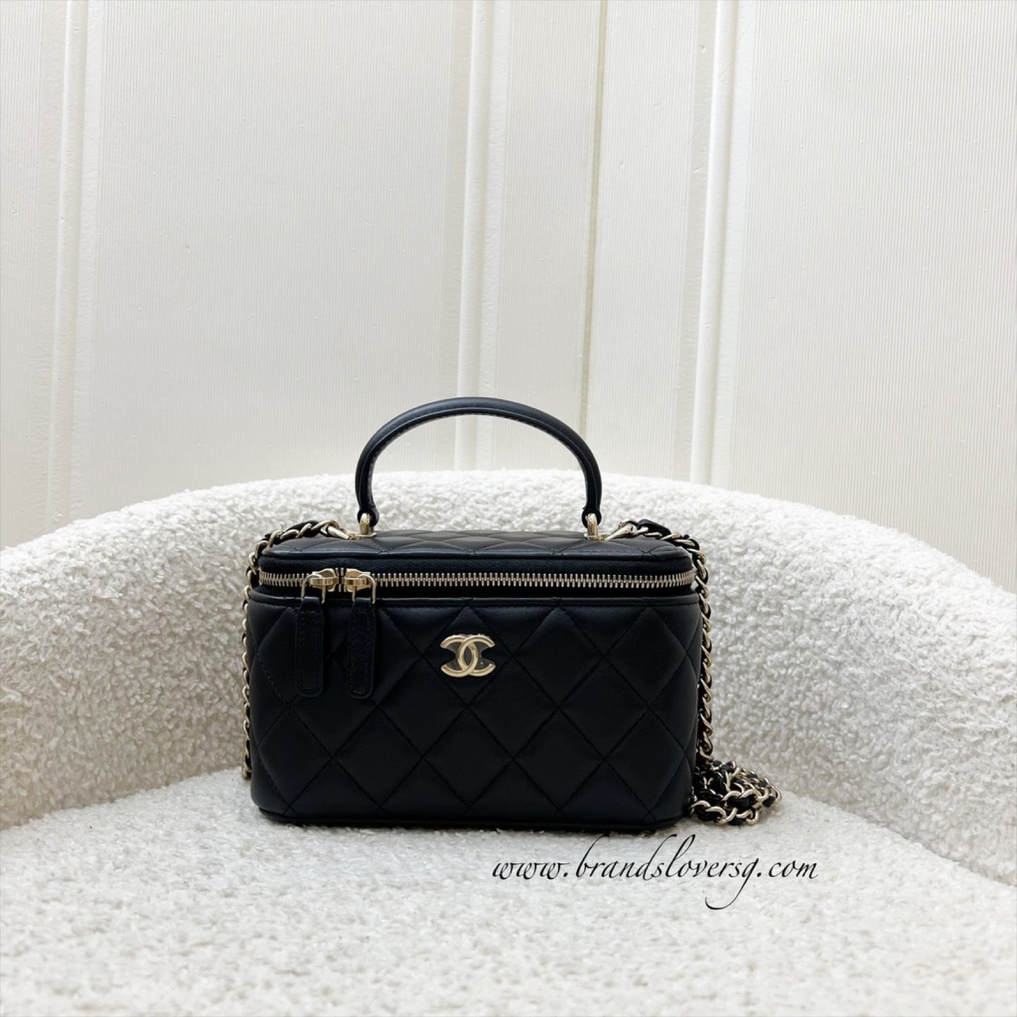 Chanel Top Handle Small Vanity in Black Lambskin and LGHW (Model: AP2199)
