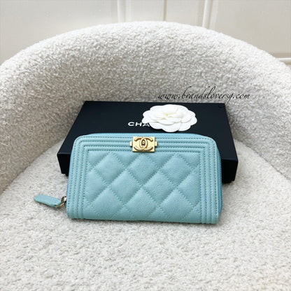 Chanel Boy Medium Mid Length Zippy Wallet in Tiffany Blue Caviar and AGHW (Model: A80566)