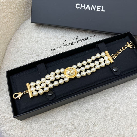 Chanel 24A Triple Row Pearl Bracelet in GHW (ABD703)