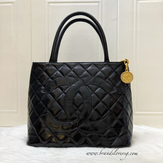 Chanel Vintage Medallion Tote in Black Glossy Calfskin and AGHW