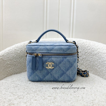 Chanel 22B Cheer for Chanel Vanity Case with Top Handle in Light Blue Denim Fabric and LGHW (Model: AS3171)