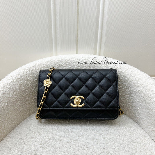 Chanel 23K Camellia Flower Wallet on Chain WOC in Black Caviar and AGHW (AP3580)