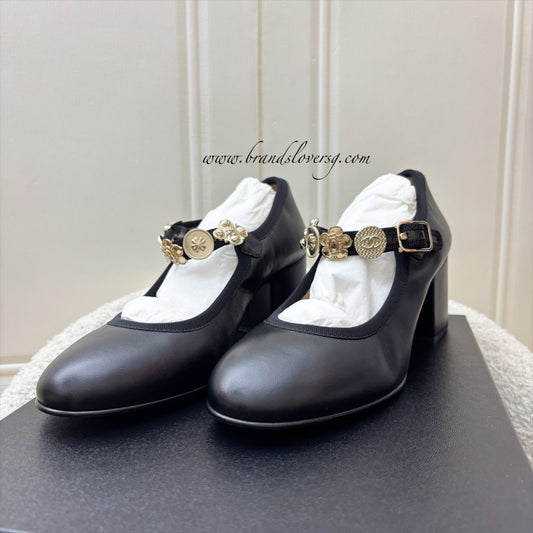 Chanel 24A Mary Janes with Gold Charms and Buckle in Black Lambskin and AGHW Sz 37.5