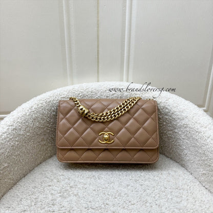 Chanel 22K Wallet on Chain WOC with Adjustable Chain in Dark Beige Lambskin and AGHW (Model: AP3043)