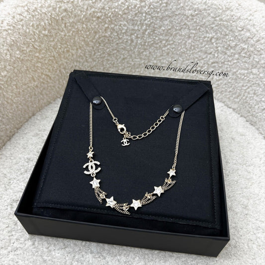 Chanel 25B Shooting Stars Necklace with Diamantés in Light Gold HW (Model: ABG338)