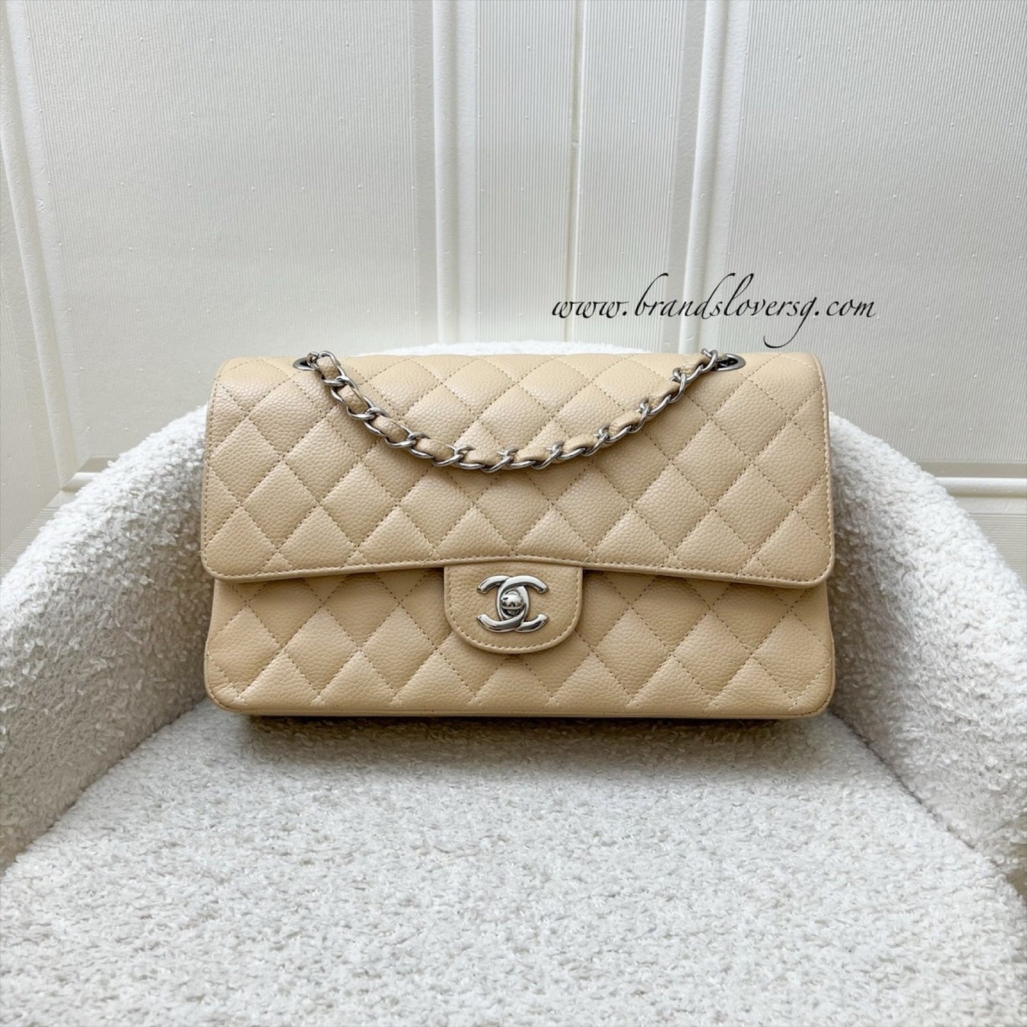 Chanel Medium Classic Flap CF in Beige Caviar and SHW