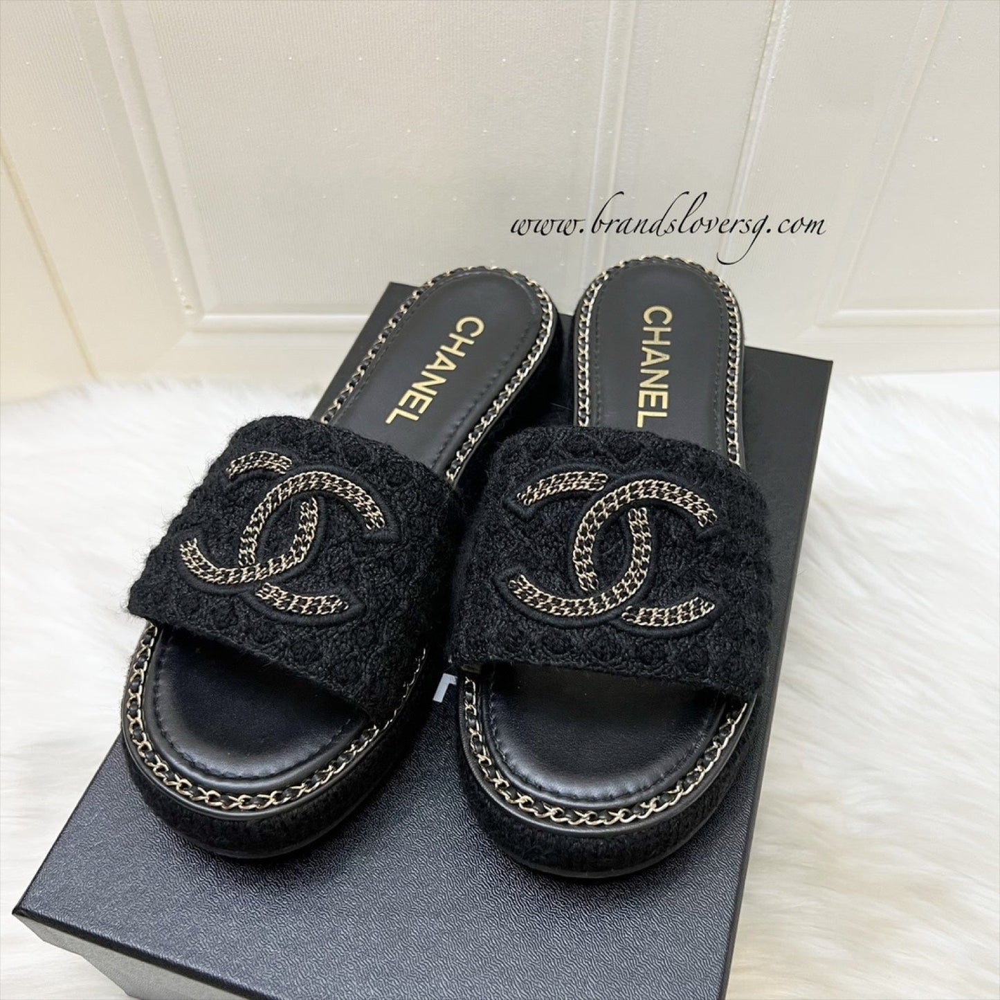 Chanel CC Logo Sandals in Black Tweed and Gold Chain Trimmings