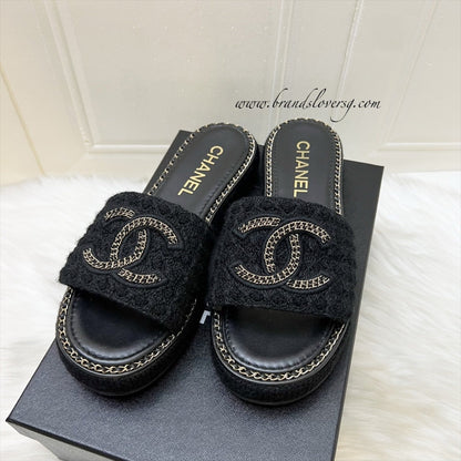 Chanel CC Logo Sandals in Black Tweed and Gold Chain Trimmings