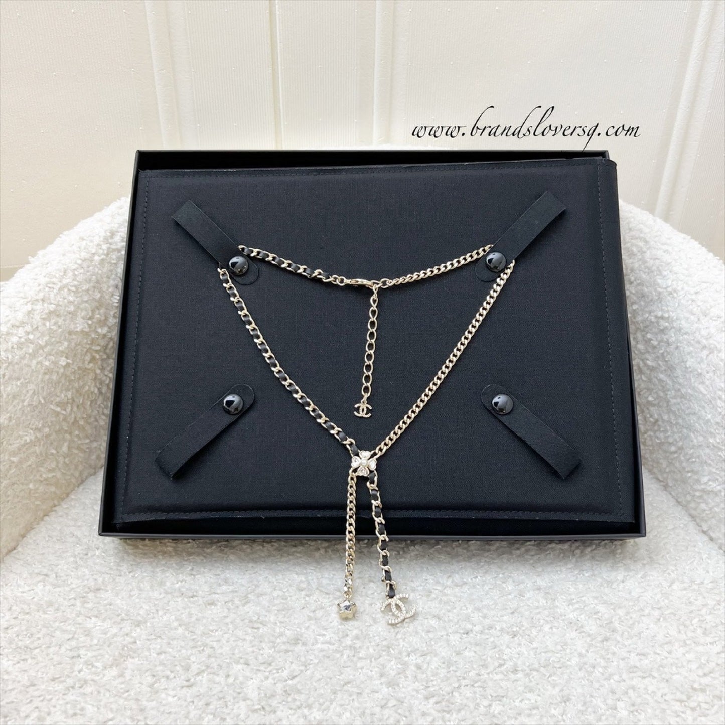 Chanel 25B Flower, Star and CC Logo Necklace with Black Leather and Crystals in Light Gold HW (Model: ABG287)