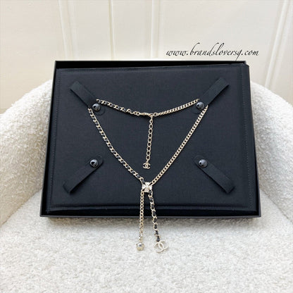 Chanel 25B Flower, Star and CC Logo Necklace with Black Leather and Crystals in Light Gold HW (Model: ABG287)