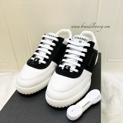 Chanel 24C Sneakers in White Calfskin and Black Suede Sz 38 (Model: G45470)