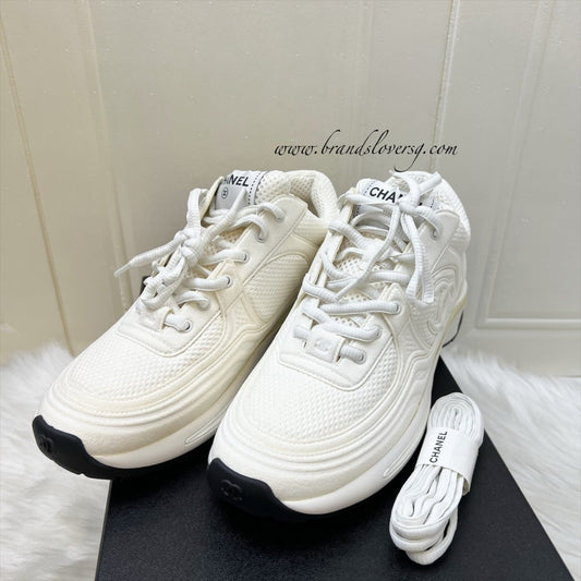 Chanel 24S Sneakers in White Fabric and Leather Sz 37.5 (Model: G45077)