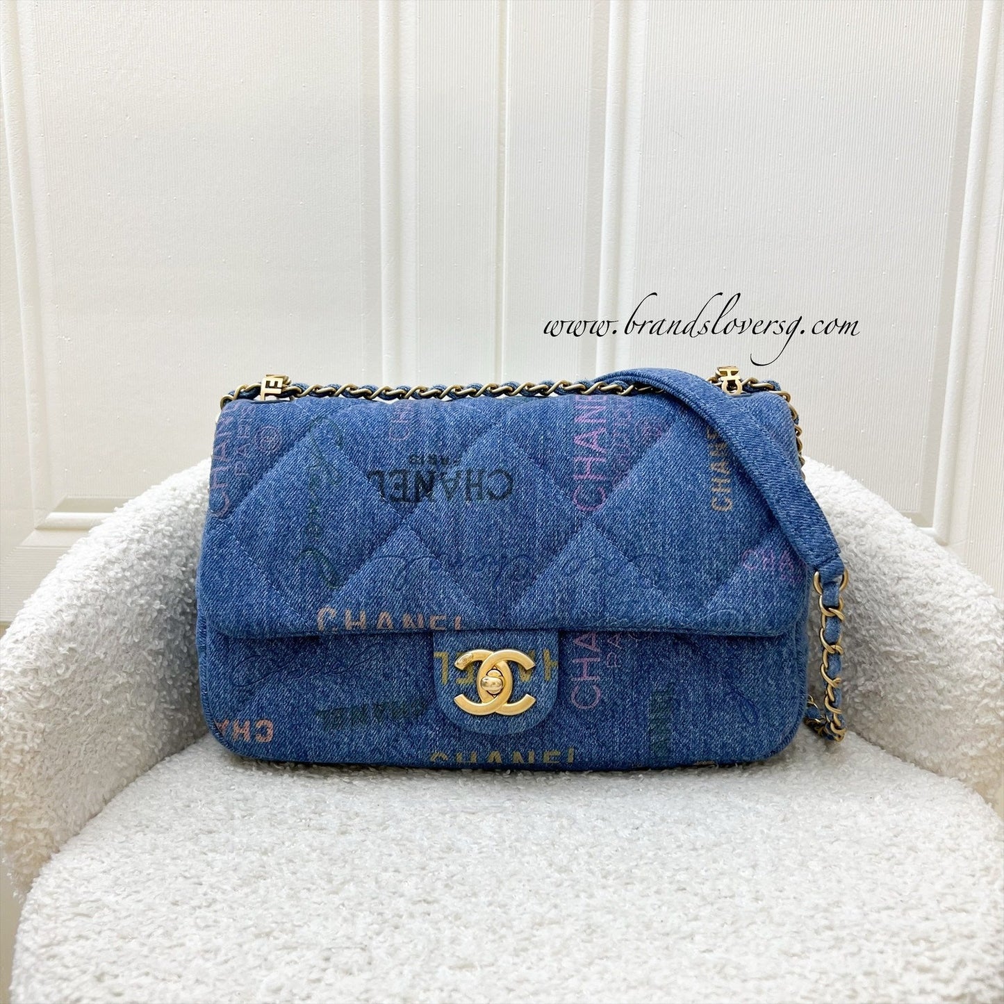 Chanel 22P Denim Mood Medium Flap Bag in Blue Printed Denim and AGHW