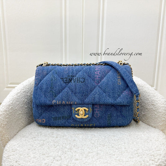Chanel 22P Denim Mood Medium Flap Bag in Blue Printed Denim and AGHW