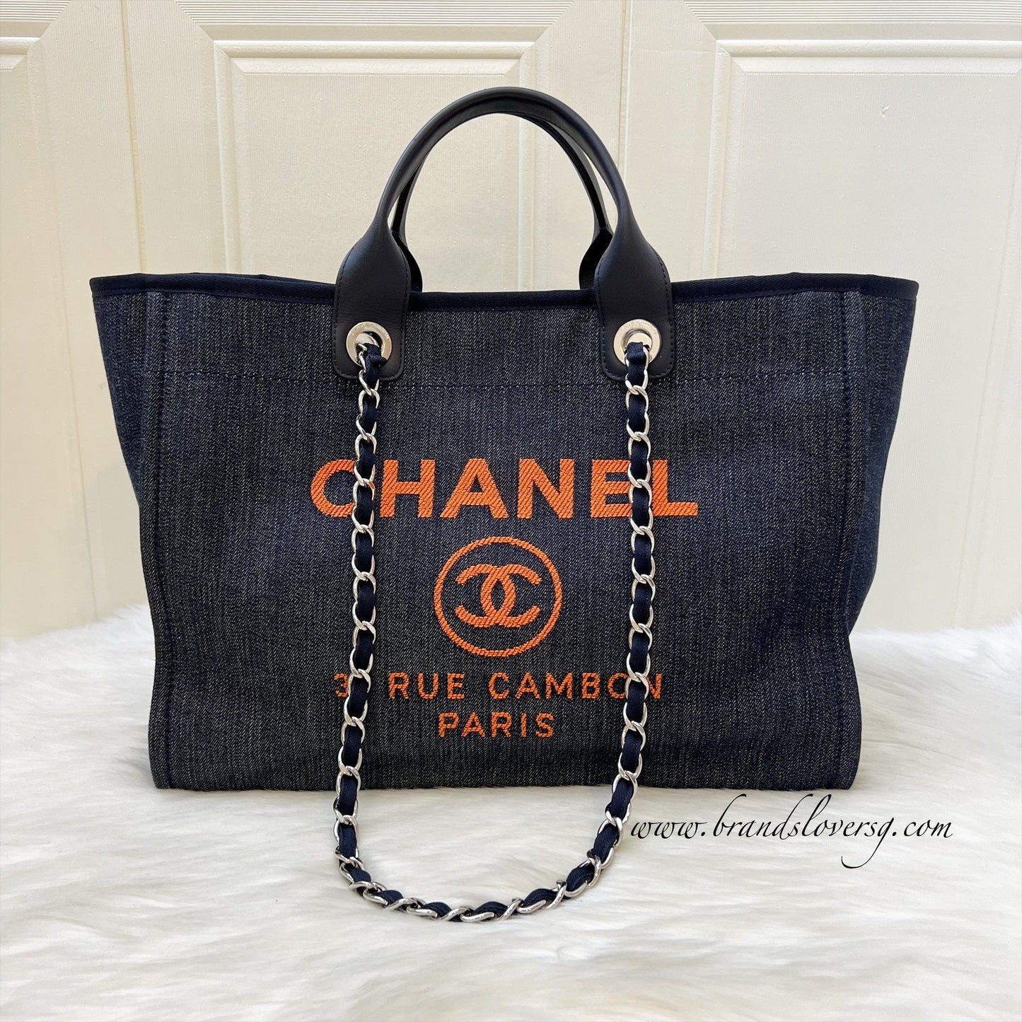Chanel Medium / Large Deauville Tote in Denim Fabric, Navy Leather Trim and SHW (Model: A66941)