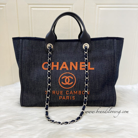 Chanel Medium / Large Deauville Tote in Denim Fabric, Navy Leather Trim and SHW (Model: A66941)