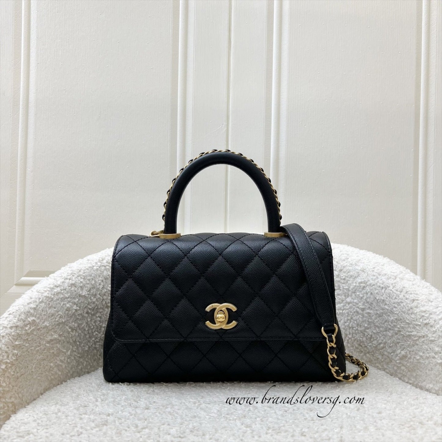 Chanel Small (24cm) Limited Edition Chain Handle Coco Handle Flap in Black Caviar and AGHW (Model: A92990)