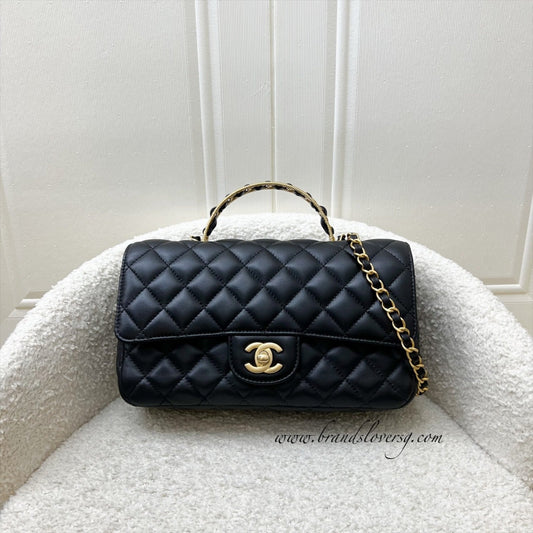 Chanel 23K Small Flap with Top Handle in Black Lambskin and AGHW (Model: AS4408)