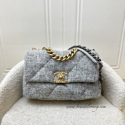 Chanel 19 Small Flap Bag in Light Grey Tweed and 3-Tone HW