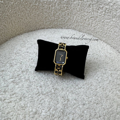Chanel Vintage Premiere Watch in 24K Gold Plated HW and Black Leather Size M (Year 1991)
