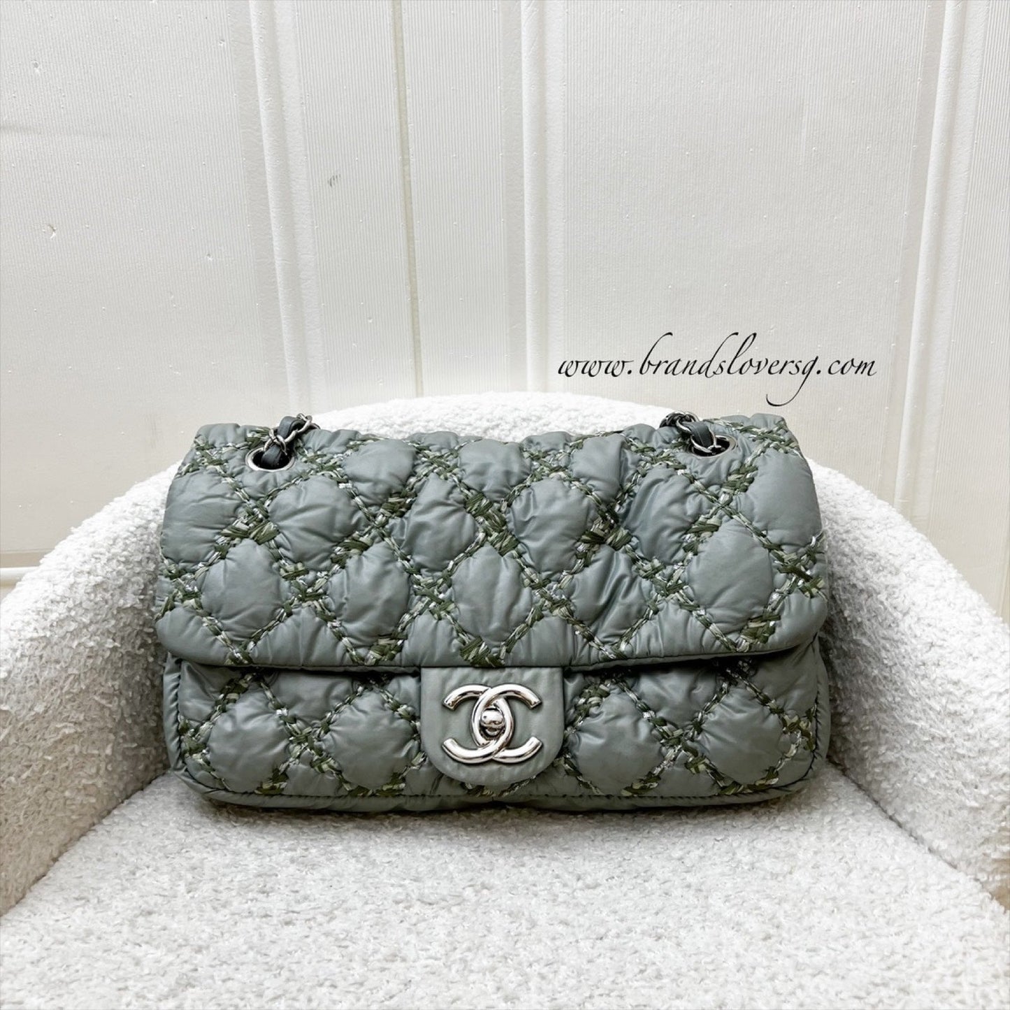 Chanel Tweed On Stitch Bubble Accordion Flap in Greenish Grey Nylon and SHW