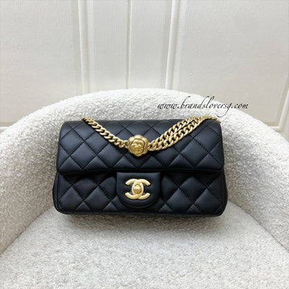 Chanel Mini Rectangular Flap Bag with Camellia Flower Adjustable Chain in Black Stiff Lambskin and AGHW (Model: AS4041)