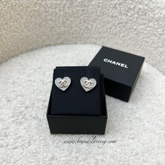 Chanel Heart and CC Earrings with Crystals in SHW