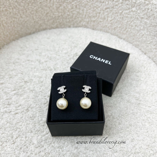 Chanel Mini CC Logo Dangling Earrings with Crystals and Pearl in SHW