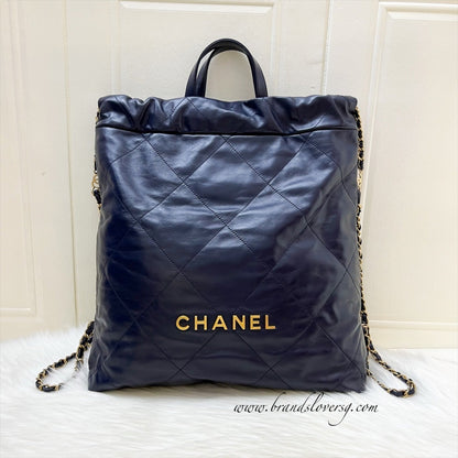 Chanel 22 Large Backpack in 22S Navy Blue Shiny Calfskin and AGHW