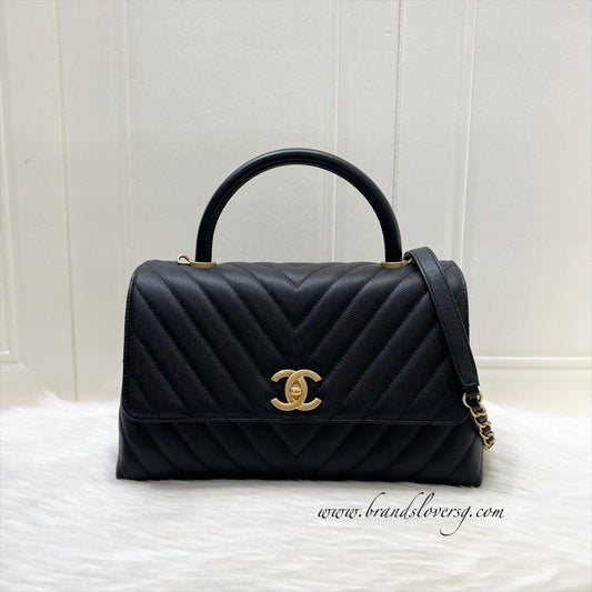 Chanel Medium 29cm Coco Handle Flap in Chevron Quilted Black Caviar and GHW (Model: A92991)
