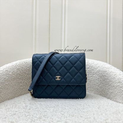 Chanel Square Wallet on Chain WOC in Metallic Blue Caviar and LGHW (Model: A84310)