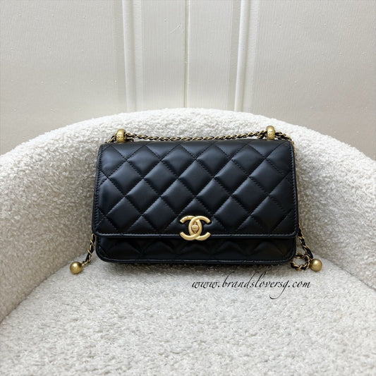 Chanel 24C Double Pearl Adjustable Chain Wallet on Chain WOC in Black Calfskin and AGHW (Model: AP2289)