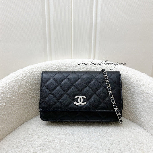 [BN - Sep 2025] Chanel 25B Shooting Star Logo Wallet on Chain WOC in Black Caviar and SHW (Model: AP3723)