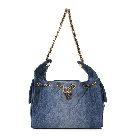 Washed Denim Quilted Small Chanel 25 Handbag Blue