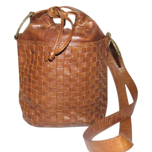 Fendi Chestnut Leather Intrecciato/Woven Crossbody Bucket Bag