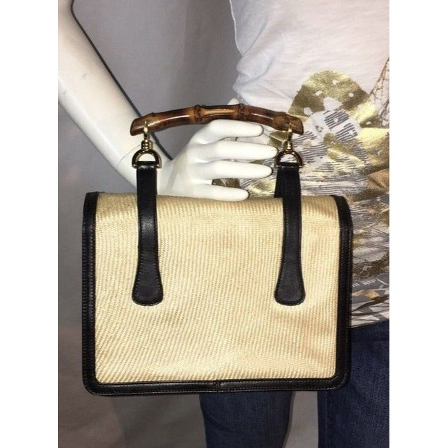 Gucci Black Leather And Ivory Raffia Lunch-box Satchel With Bamboo Hanle