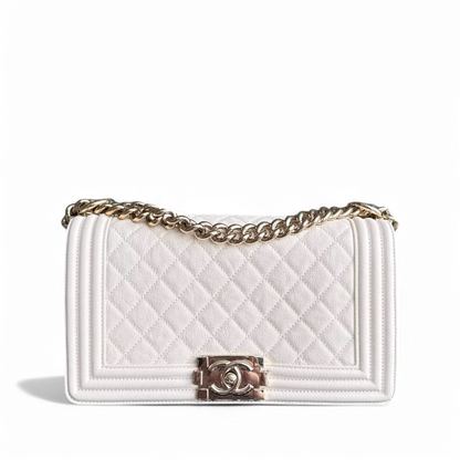 Chanel Boy Medium - Caivar 25CM Quilted Cream White Shiny Gold Hardware Series 28