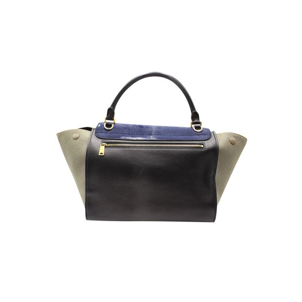 Celine Dark Blue/ Black/ Khaki Trapeze Bag In Calf Hair