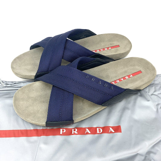 Prada Cross-Strap Logo Men's Sandals-Navy Blue, Size 9.5