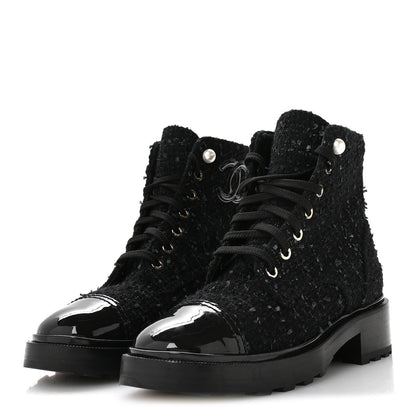 Tweed Patent Calfskin Pearl Combat Short Boots 37  Black Grey Blue