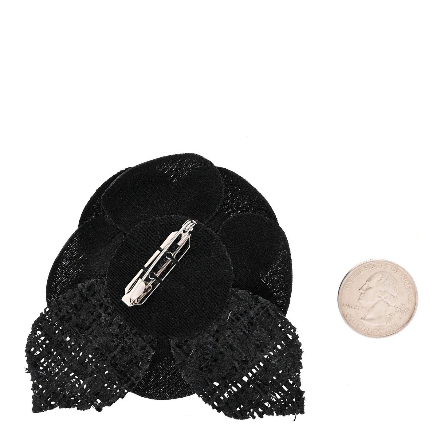 Tweed Fabric Camellia Pin Brooch Black