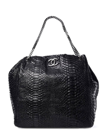 Chanel Black Python CC Accordion Large Chain Tote Bag