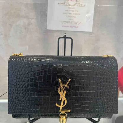 YSL Kate Croc-Embossed Wallet on Chain, Black Calf Leather