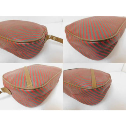 Gucci, red & green striped logo print coated canvas and brown leather clutch purse