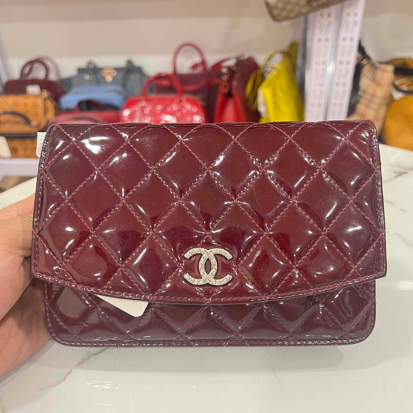 Chanel Red Patent Leather Wallet on Chain WOC Quilted