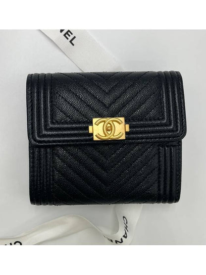Boy Chevron Caviar Leather Half Wallet Black Chanel