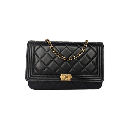 Chanel Lambskin Quilted Boy Wallet On Chain WOC Black