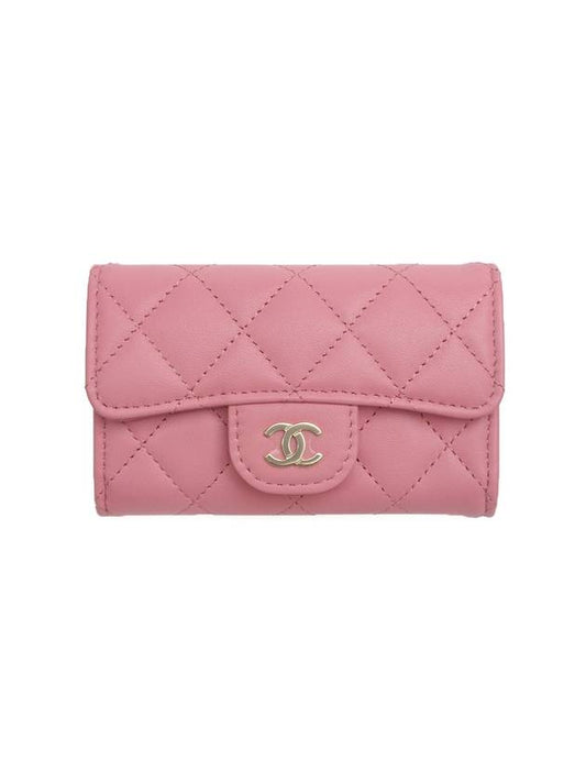 Gold Hardware CC Logo Classic Lambskin Flap Card Wallet Light Pink Chanel